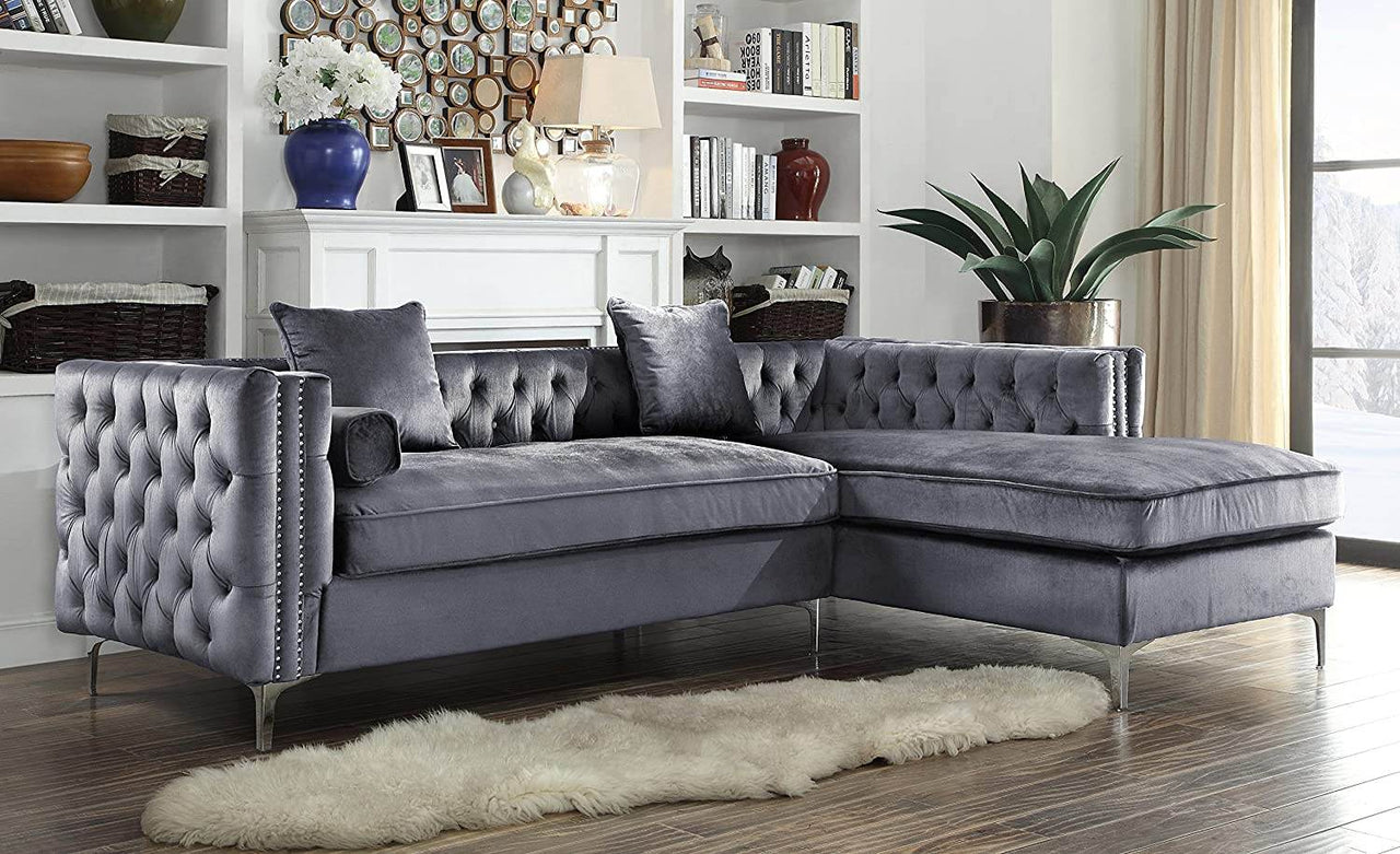 Luxurious Grey Velvet Chesterfield Corner Settee Sofa with Storage & Chrome Legs - UK Luxury Furniture