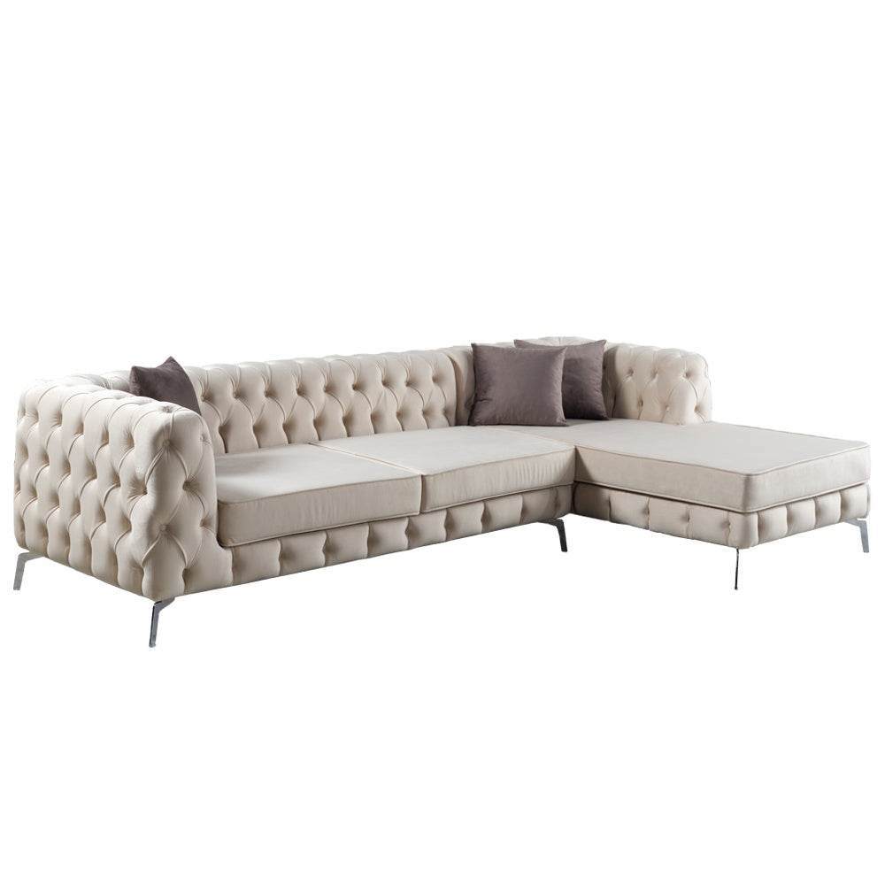 Rocky Chesterfield Cream Velvet Corner Sofa - Luxury Deep Buttoned Design, Chrome Legs, 2-Year Warranty - UK Luxury Furniture