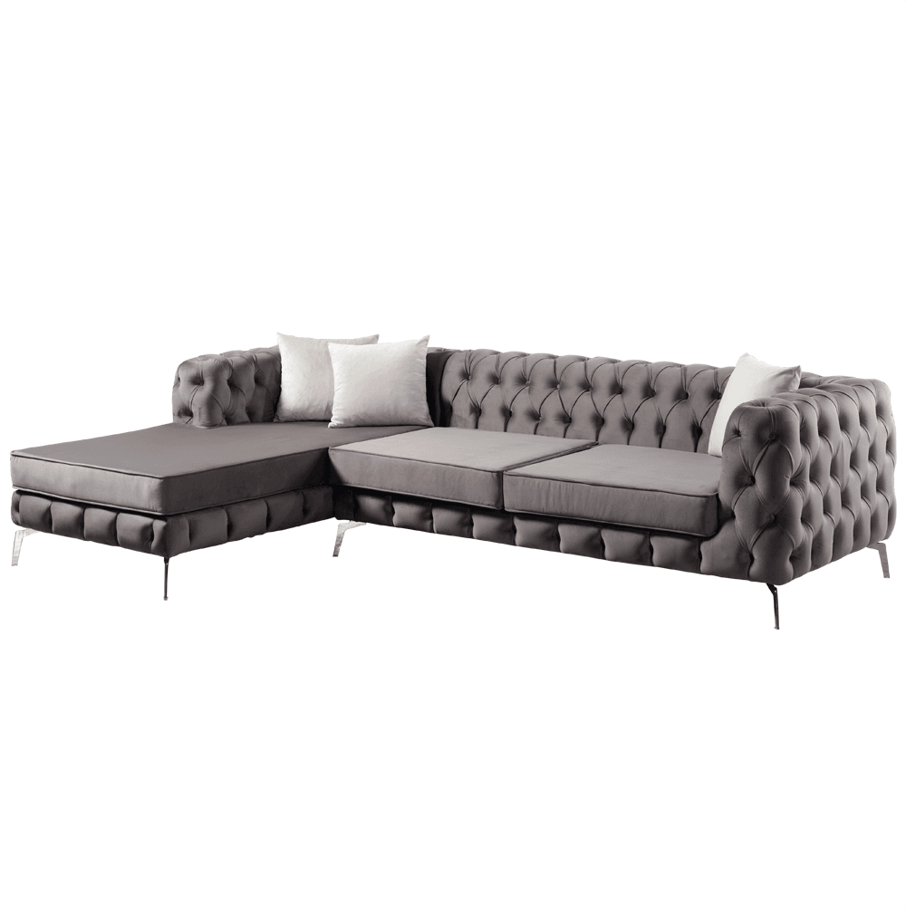 Luxury Rocky Chesterfield Dark Grey Velvet Corner Sofa with Chrome Legs - UK Luxury Furniture