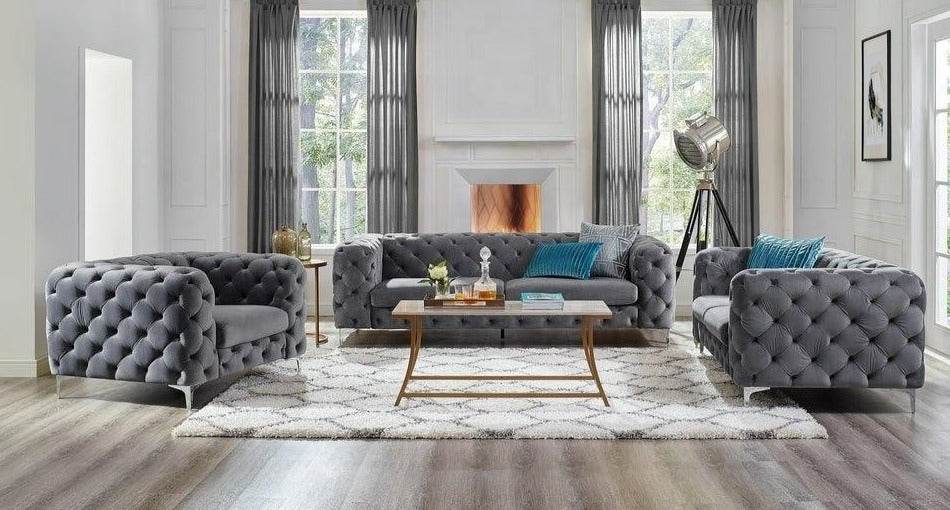 Rocky Chesterfield Sofa Set in Luxury Dark Grey Velvet – 1, 2, 3 Seater Options Available - UK Luxury Furniture