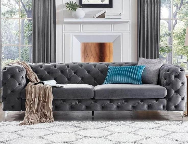 Rocky Chesterfield Sofa Set in Luxury Dark Grey Velvet – 1, 2, 3 Seater Options Available - UK Luxury Furniture