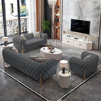 Spacious Rocky Chesterfield Sofa Set in Luxury Grey Faux Leather with Gold Legs - UK Luxury Furniture