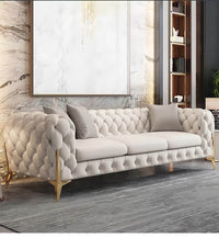 Rocky Chesterfield 3 Seater Sofa Set in Luxury Light Cream Leather with Gold Metal Legs - UK Luxury Furniture