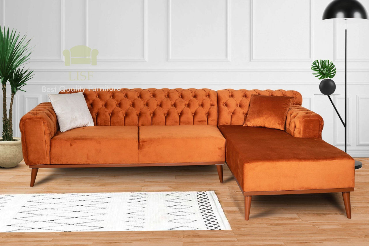 Luxury Verona Corner Sofa in Hot Cinnamon Velvet with Chesterfield Arms - All Cushions Included - UK Luxury Furniture
