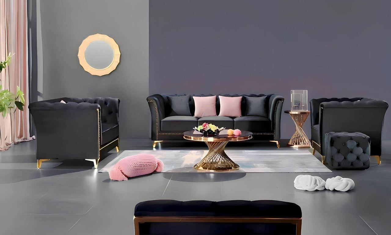 Venice Luxury Black Velvet Sofa Set – Stylish Chesterfield Design, Deep Button Detailing - UK Luxury Furniture
