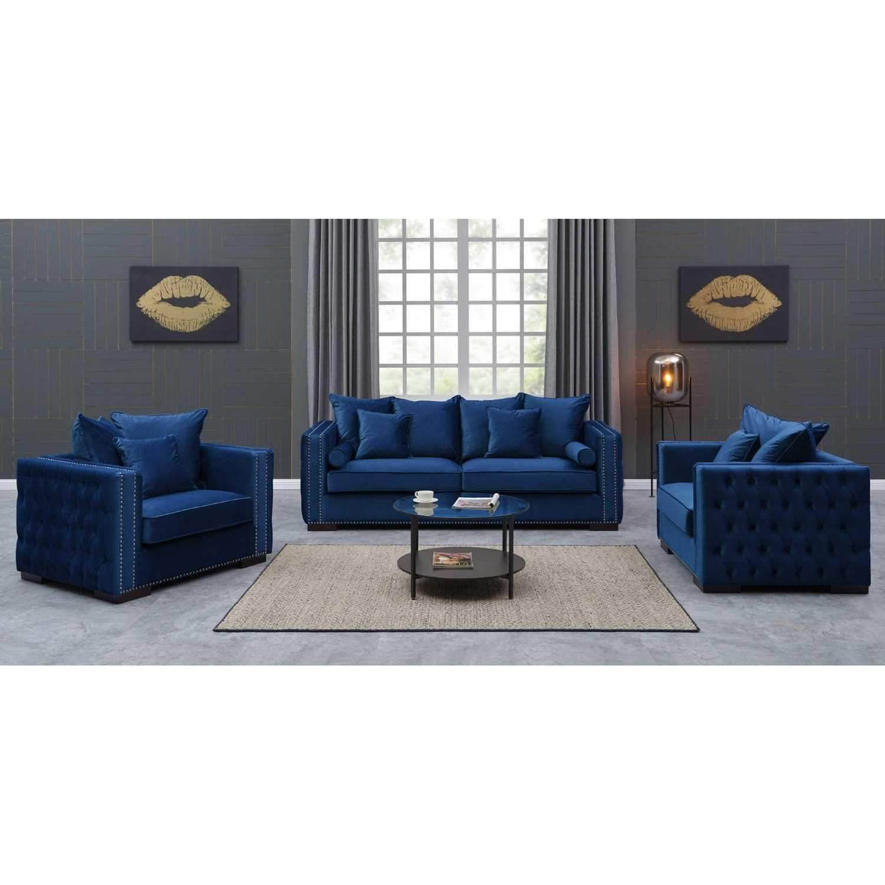 Moscow Luxury Navy Blue Velvet Sofa Set with Chesterfield Design & Silver Trim - UK Luxury Furniture