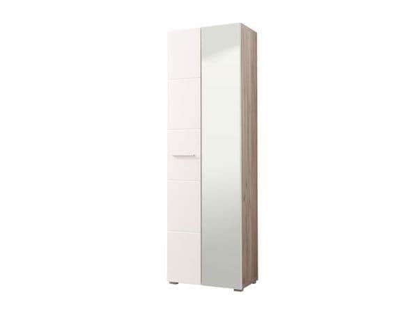 Myra White Gloss and Oak Effect Mirrored Narrow Wardrobe with Four Shelves - UK Luxury Furniture
