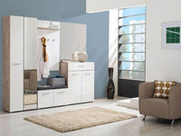 Myra White Gloss and Oak Effect Mirrored Narrow Wardrobe with Four Shelves - UK Luxury Furniture
