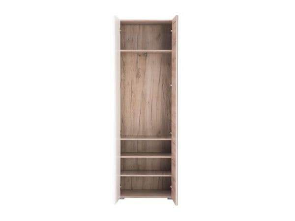 Myra White Gloss and Oak Effect Mirrored Narrow Wardrobe with Four Shelves - UK Luxury Furniture