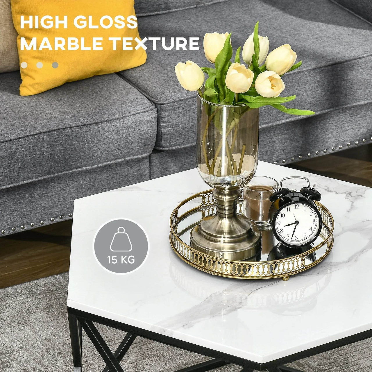 Modern Coffee Table with High Gloss Marble Top and Sturdy Steel Frame for Living Room Elegance - UK Luxury Furniture