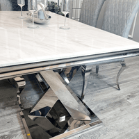 Xavia 1.8m Dining Table with Marble, Sintered Stone, or Glass Top & Polished Stainless Steel Base - UK Luxury Furniture