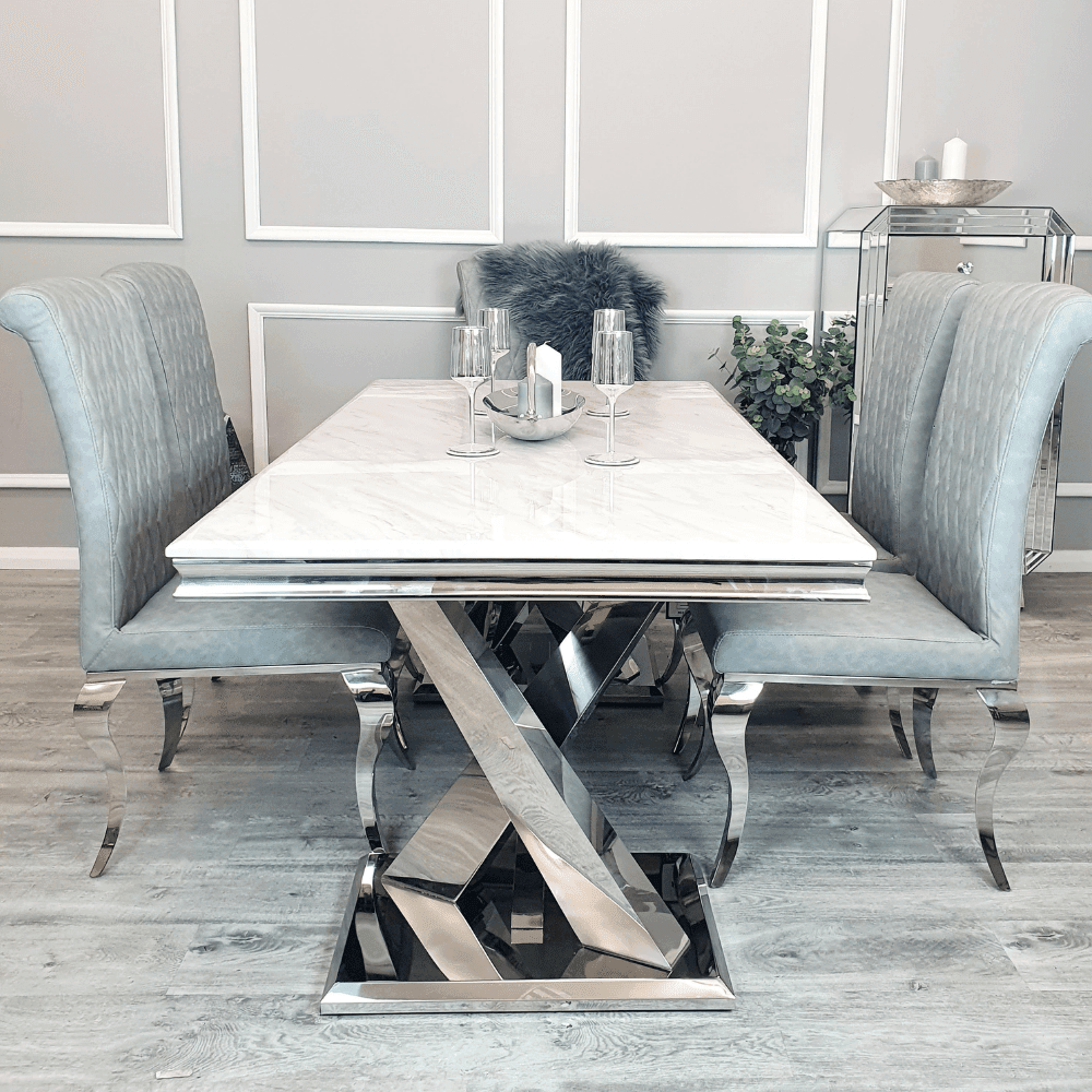 Xavia 1.8m Dining Table with Marble, Sintered Stone, or Glass Top & Polished Stainless Steel Base - UK Luxury Furniture