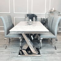 Xavia 1.8m Dining Table with Marble, Sintered Stone, or Glass Top & Polished Stainless Steel Base - UK Luxury Furniture