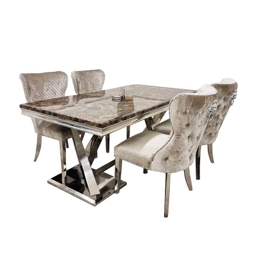 Xavia 1.8m Dining Table with Marble, Sintered Stone, or Glass Top & Polished Stainless Steel Base - UK Luxury Furniture