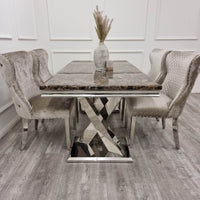 Xavia 1.8m Dining Table with Marble, Sintered Stone, or Glass Top & Polished Stainless Steel Base - UK Luxury Furniture