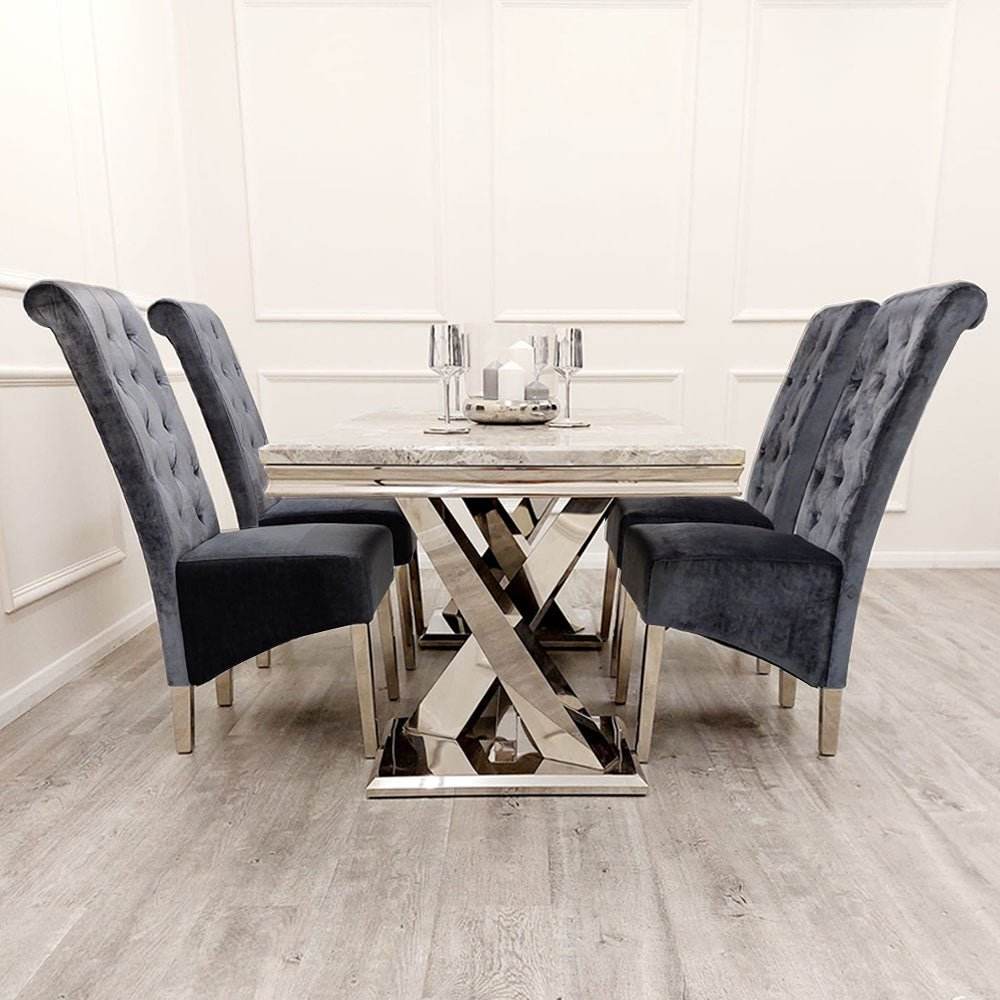 Xavia 1.8m Dining Table with Marble, Sintered Stone, or Glass Top & Polished Stainless Steel Base - UK Luxury Furniture
