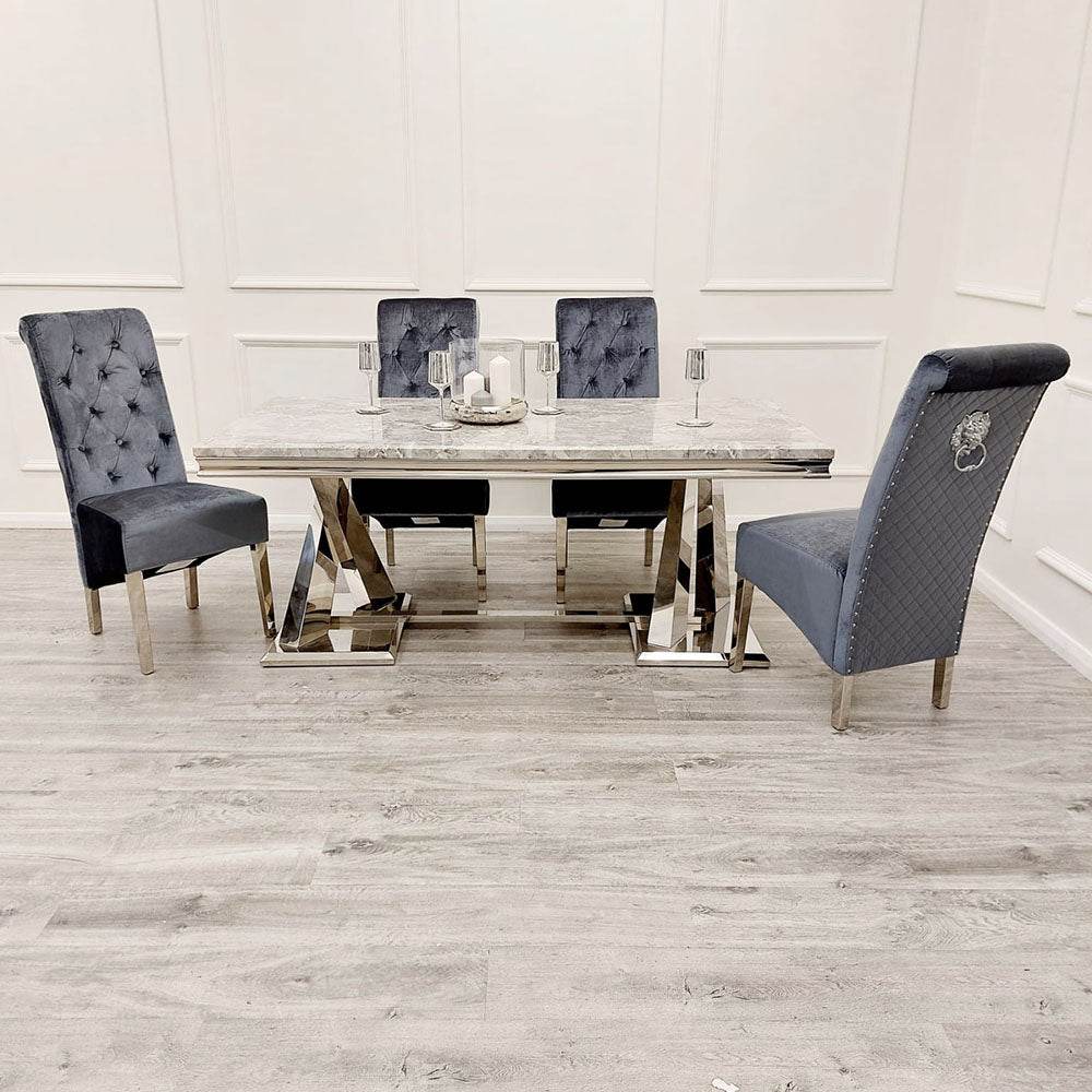 Xavia 1.8m Dining Table with Marble, Sintered Stone, or Glass Top & Polished Stainless Steel Base - UK Luxury Furniture