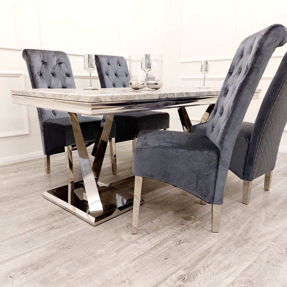 Xavia 1.8m Dining Table with Marble, Sintered Stone, or Glass Top & Polished Stainless Steel Base - UK Luxury Furniture