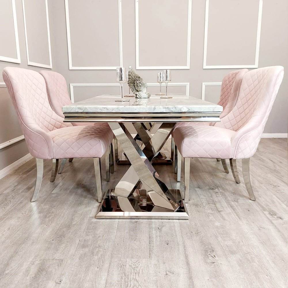 Xavia 1.8m Dining Table with Marble, Sintered Stone, or Glass Top & Polished Stainless Steel Base - UK Luxury Furniture