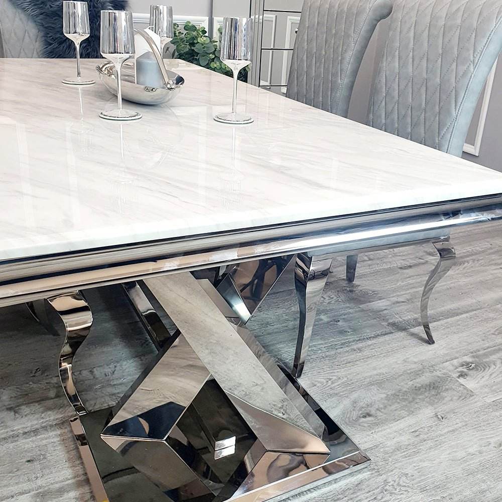 Xavia 1.8m Dining Table with Marble, Sintered Stone, or Glass Top & Polished Stainless Steel Base - UK Luxury Furniture