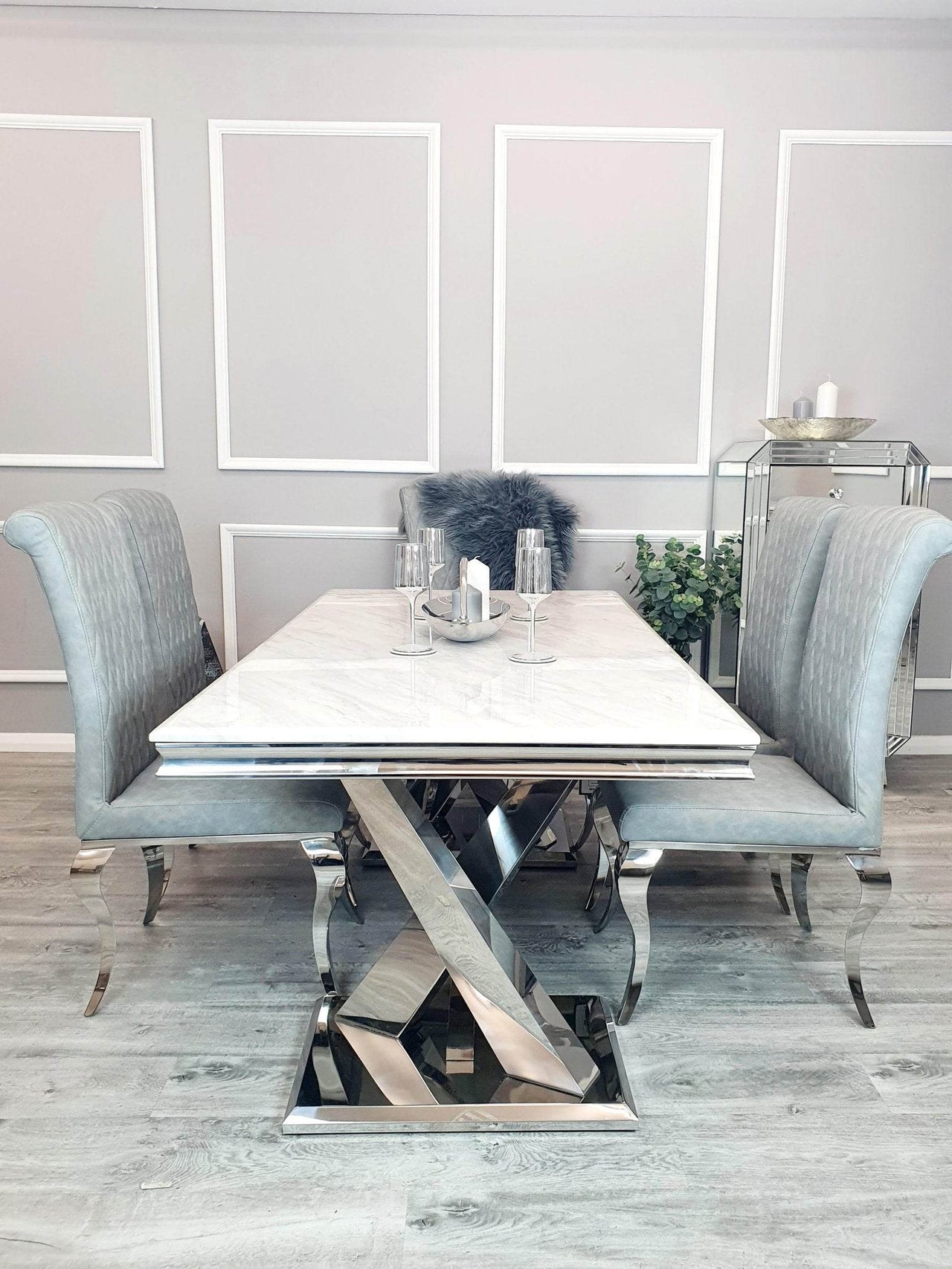 Xavia 1.8m Dining Table with Marble, Sintered Stone, or Glass Top & Polished Stainless Steel Base - UK Luxury Furniture