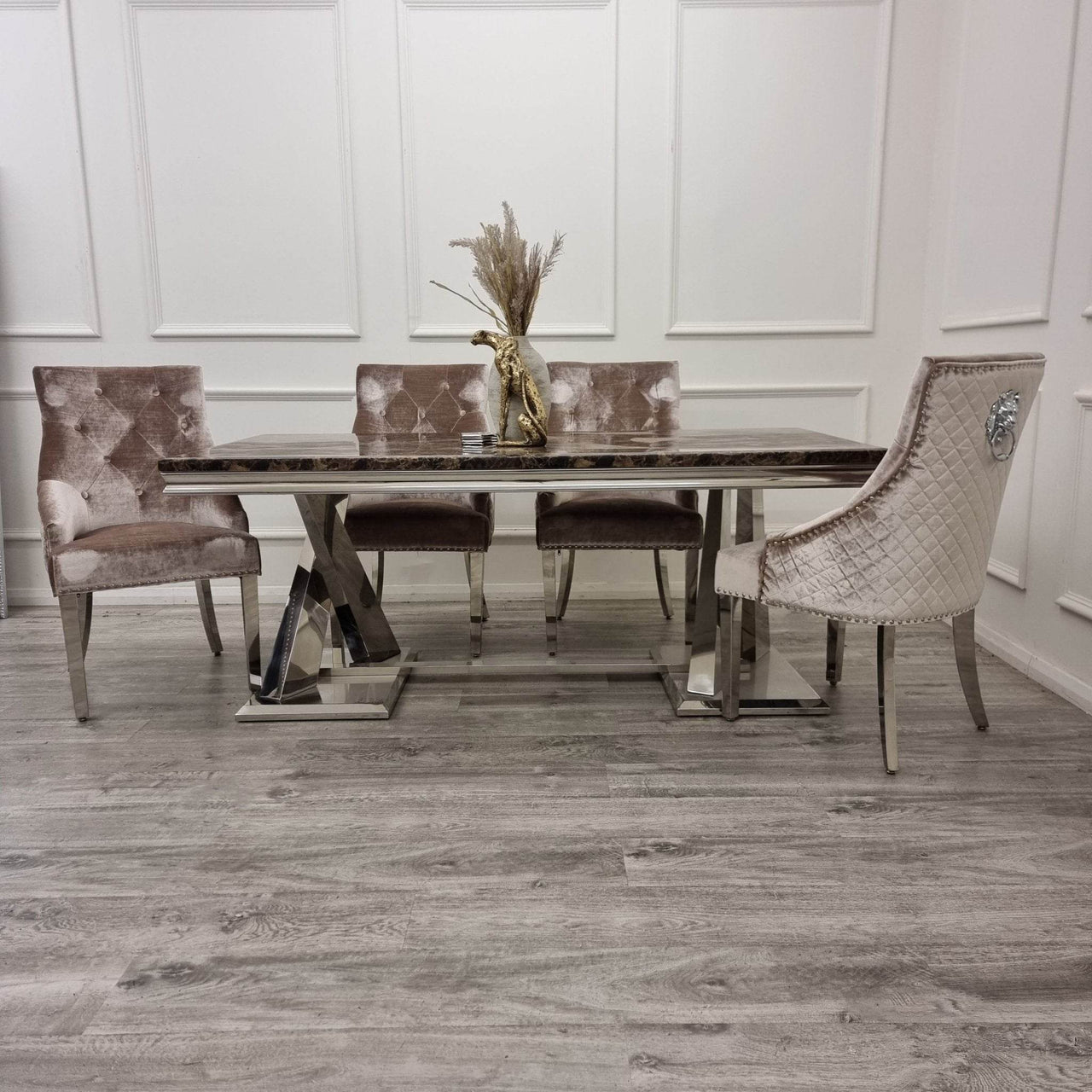 Xavia 1.8m Dining Table with Marble, Sintered Stone, or Glass Top & Polished Stainless Steel Base - UK Luxury Furniture