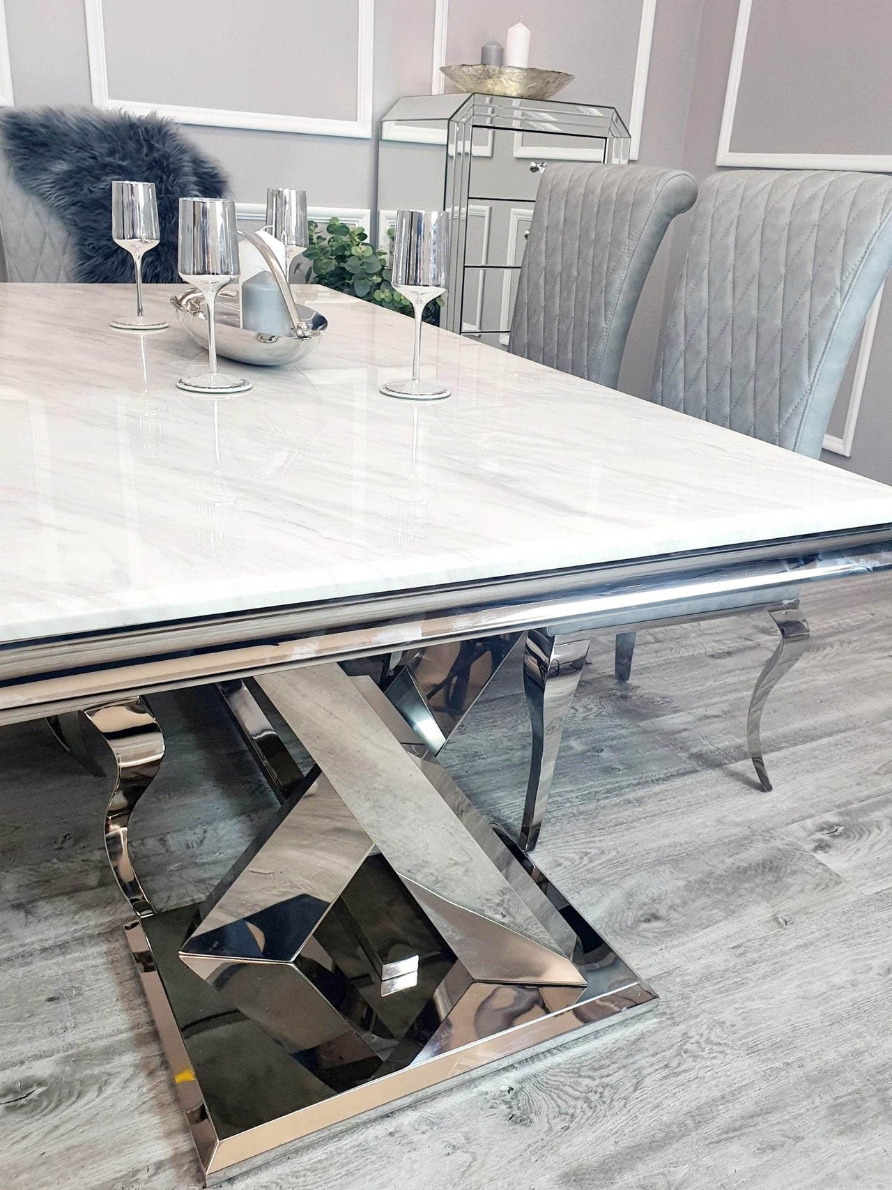 Xavia 1.8m Dining Table with Marble, Sintered Stone, or Glass Top & Polished Stainless Steel Base - UK Luxury Furniture