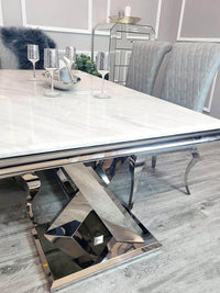 Xavia 1.8m Dining Table with Marble, Sintered Stone, or Glass Top & Polished Stainless Steel Base - UK Luxury Furniture