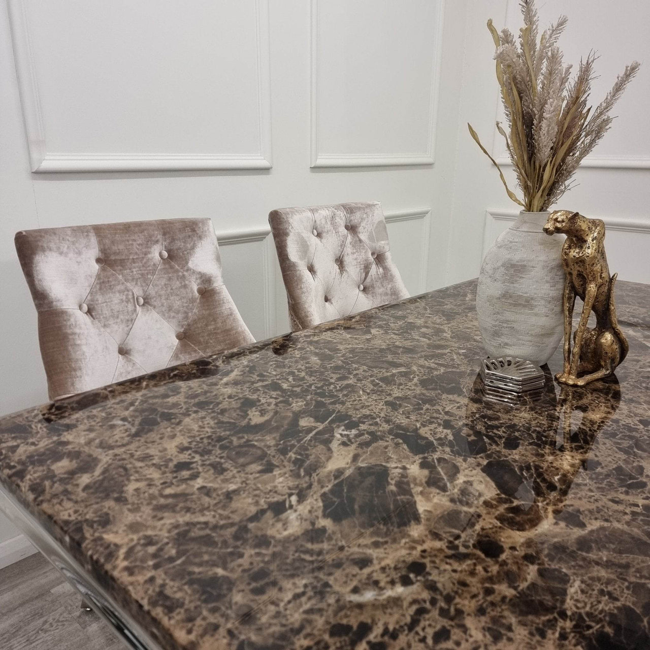Xavia 1.8m Dining Table with Marble, Sintered Stone, or Glass Top & Polished Stainless Steel Base - UK Luxury Furniture