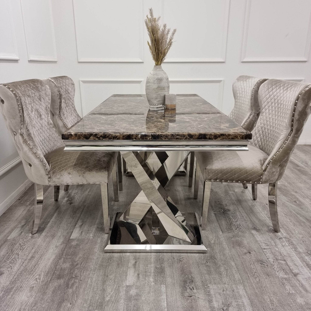 Xavia 1.8m Dining Table with Marble, Sintered Stone, or Glass Top & Polished Stainless Steel Base - UK Luxury Furniture