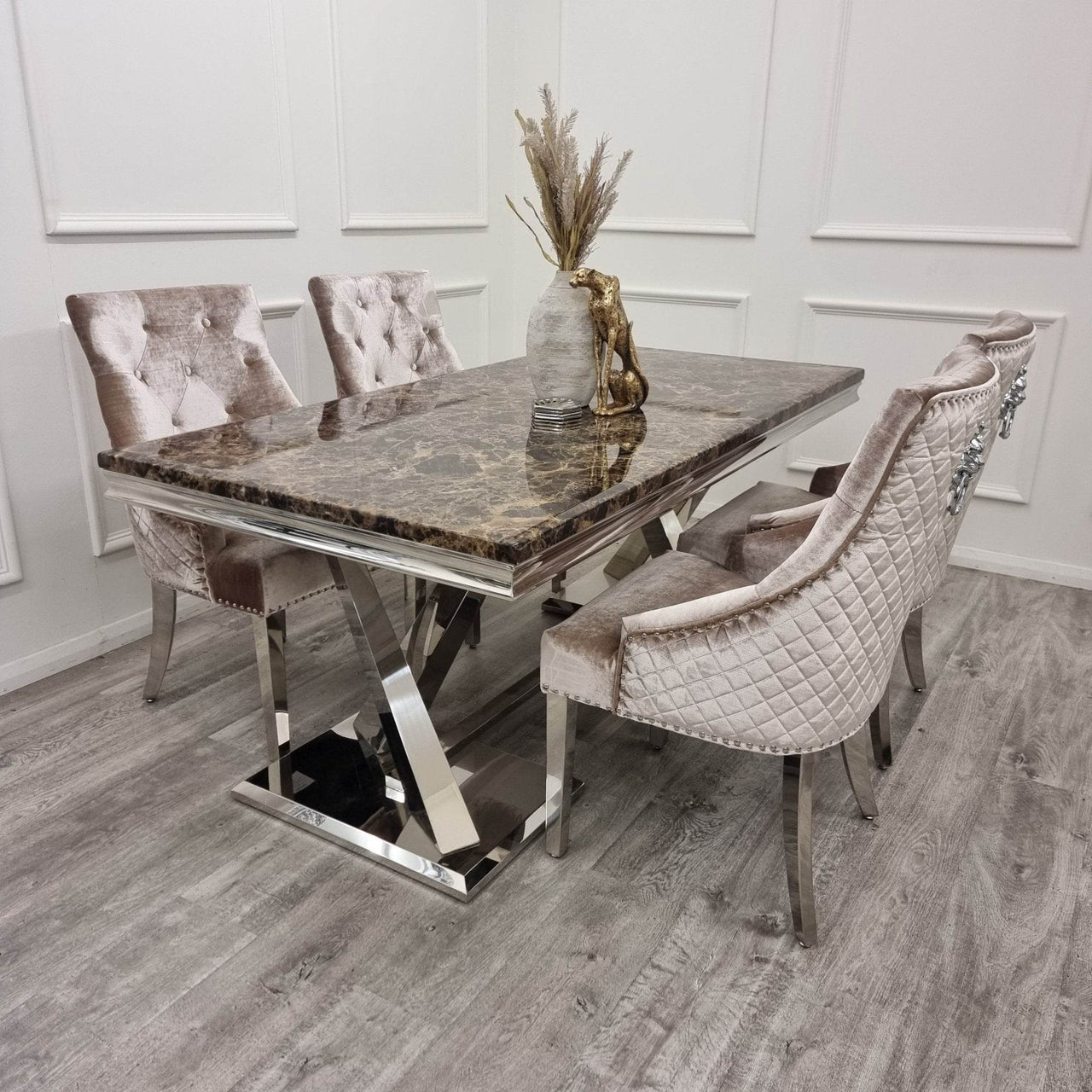 Xavia 1.8m Dining Table with Marble, Sintered Stone, or Glass Top & Polished Stainless Steel Base - UK Luxury Furniture