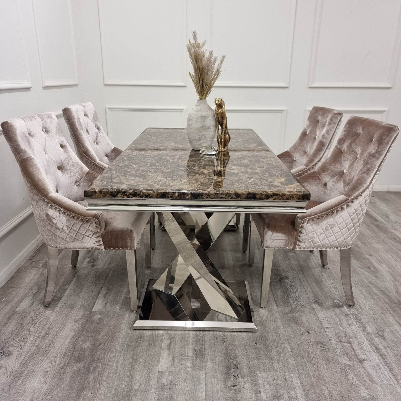 Xavia 1.8m Dining Table with Marble, Sintered Stone, or Glass Top & Polished Stainless Steel Base - UK Luxury Furniture