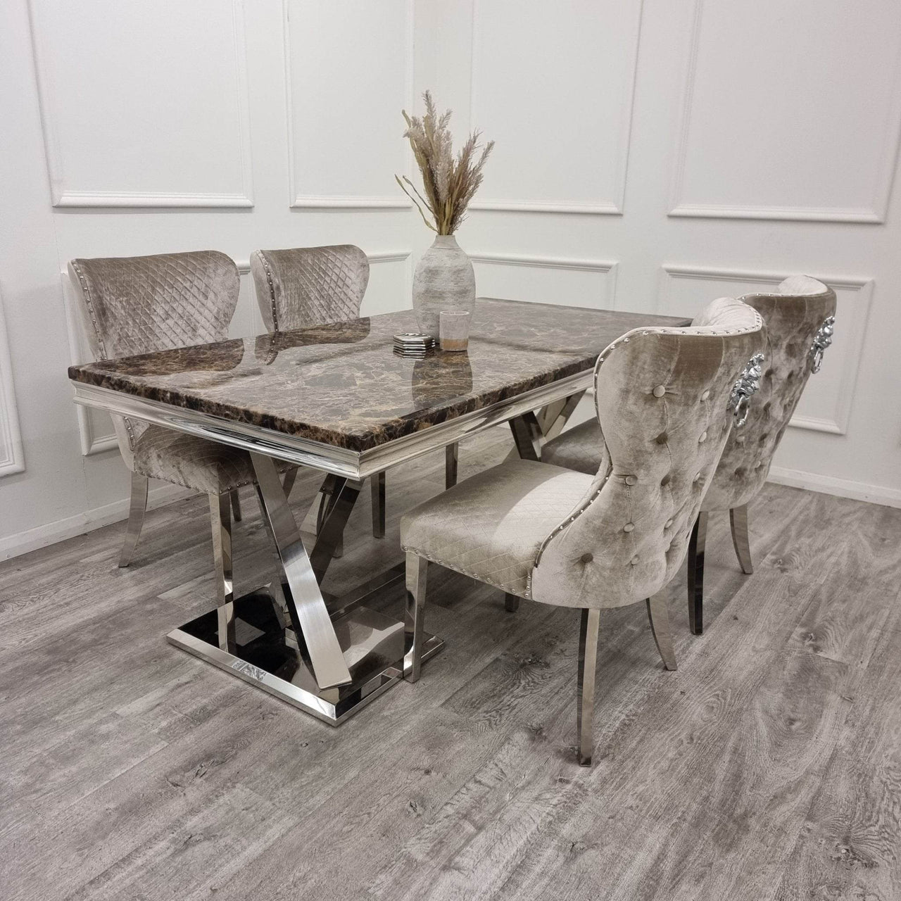 Xavia 1.8m Dining Table with Marble, Sintered Stone, or Glass Top & Polished Stainless Steel Base - UK Luxury Furniture