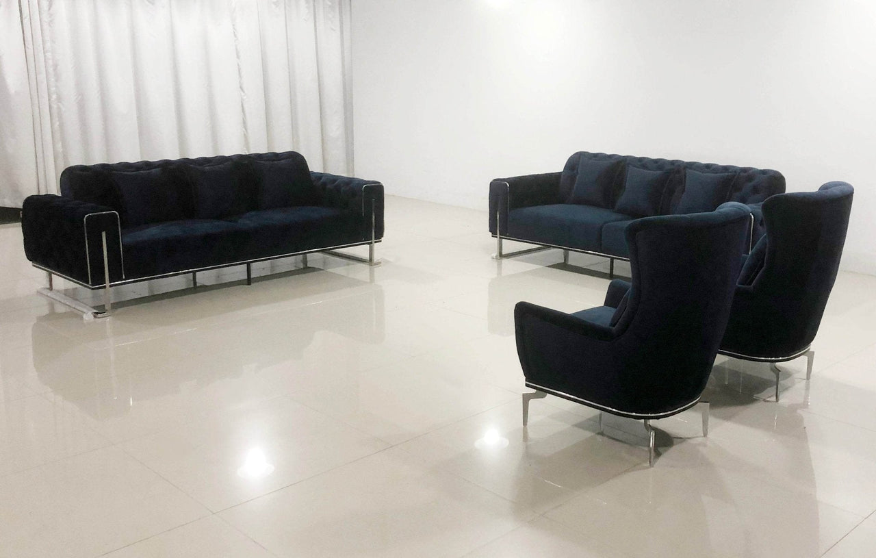 Antalya Luxury Black Velvet Sofa Set with Silver Trim - Classic Chesterfield Design - 2 Sofas & Armchairs - UK Luxury Furniture