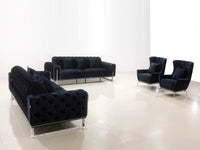 Antalya Luxury Black Velvet Sofa Set with Silver Trim - Classic Chesterfield Design - 2 Sofas & Armchairs - UK Luxury Furniture