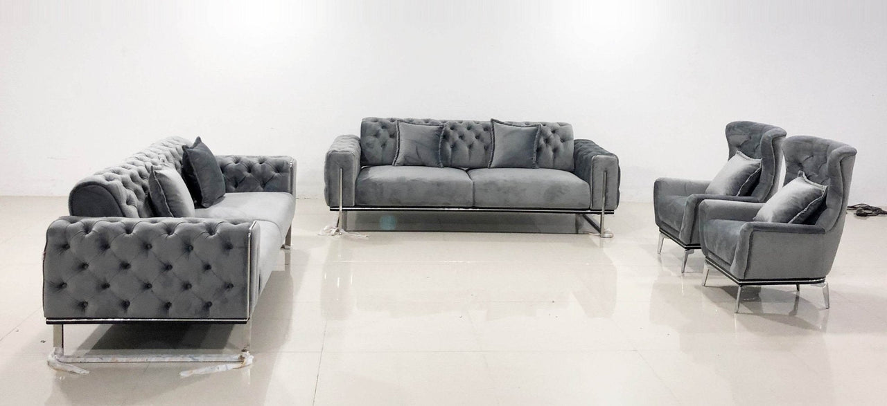 Luxury Grey Velvet Antalya Sofa Set with Elegant Silver Detailing - Chesterfield Design - UK Luxury Furniture