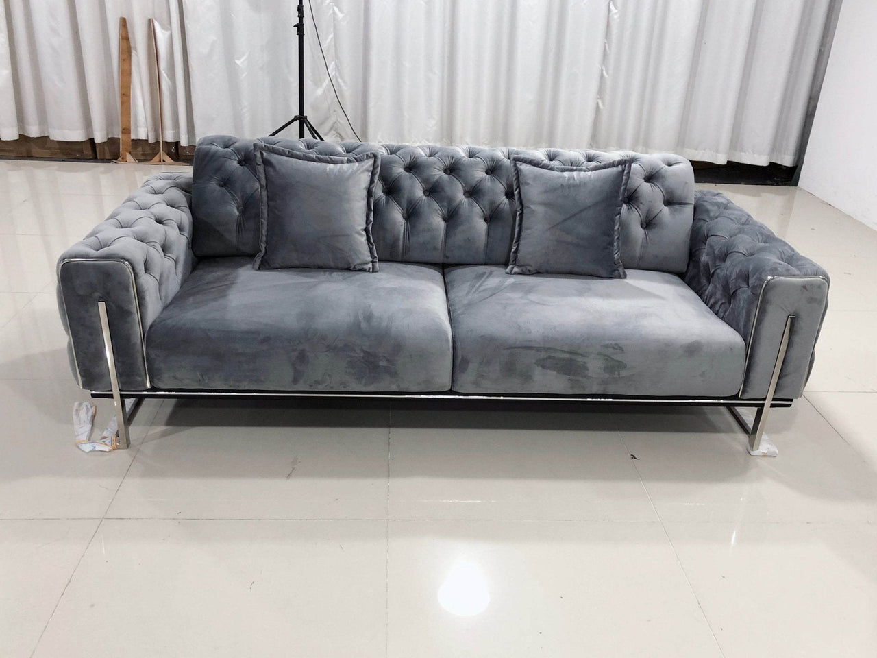 Luxury Grey Velvet Antalya Sofa Set with Elegant Silver Detailing - Chesterfield Design - UK Luxury Furniture