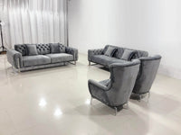 Luxury Grey Velvet Antalya Sofa Set with Elegant Silver Detailing - Chesterfield Design - UK Luxury Furniture