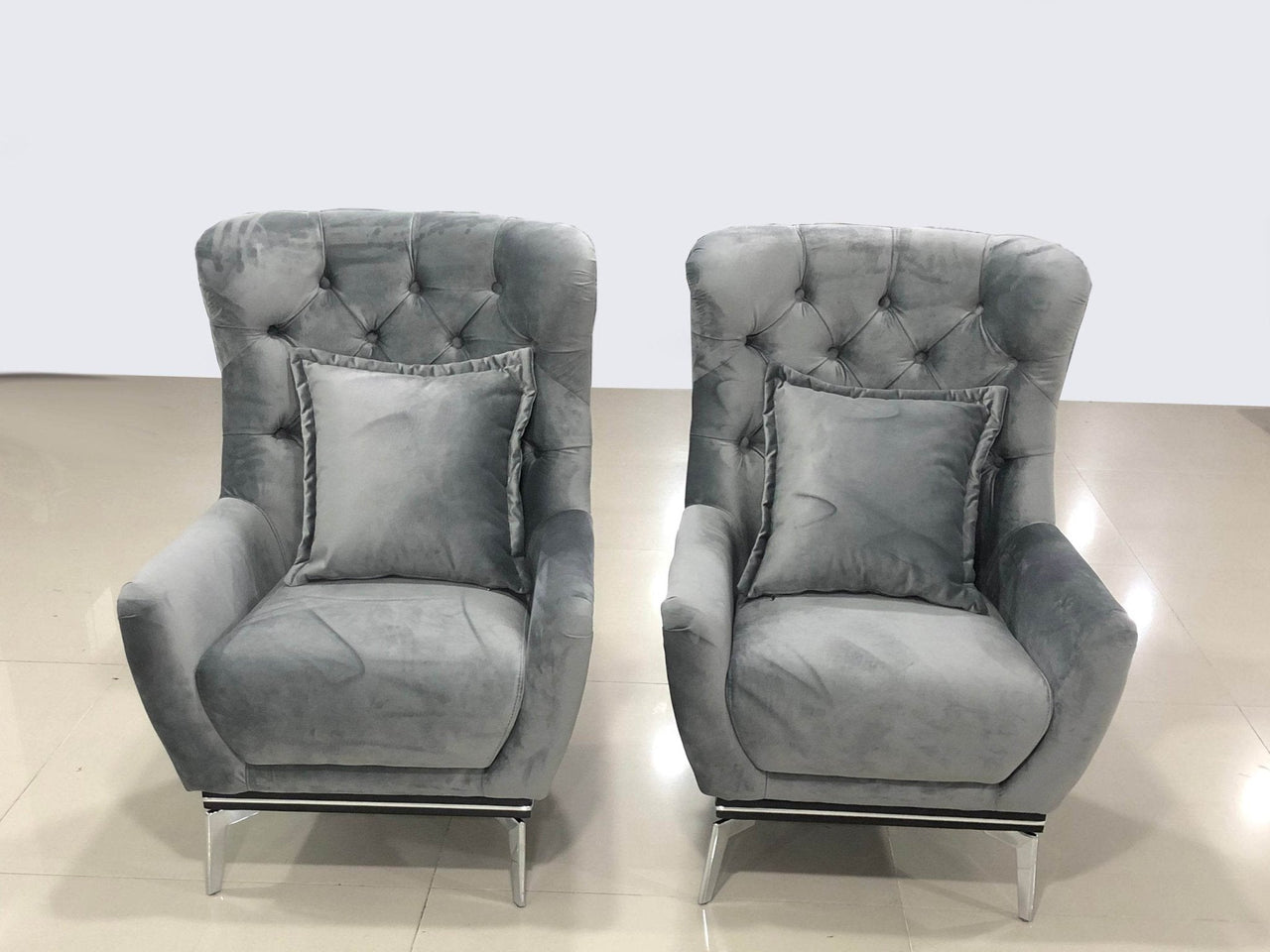 Luxury Grey Velvet Antalya Sofa Set with Elegant Silver Detailing - Chesterfield Design - UK Luxury Furniture
