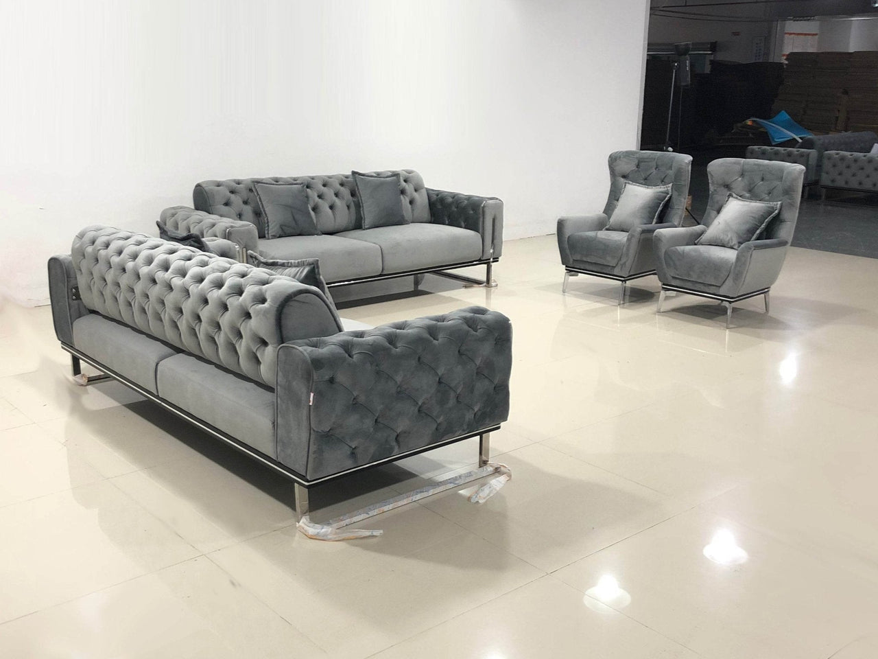 Luxury Grey Velvet Antalya Sofa Set with Elegant Silver Detailing - Chesterfield Design - UK Luxury Furniture