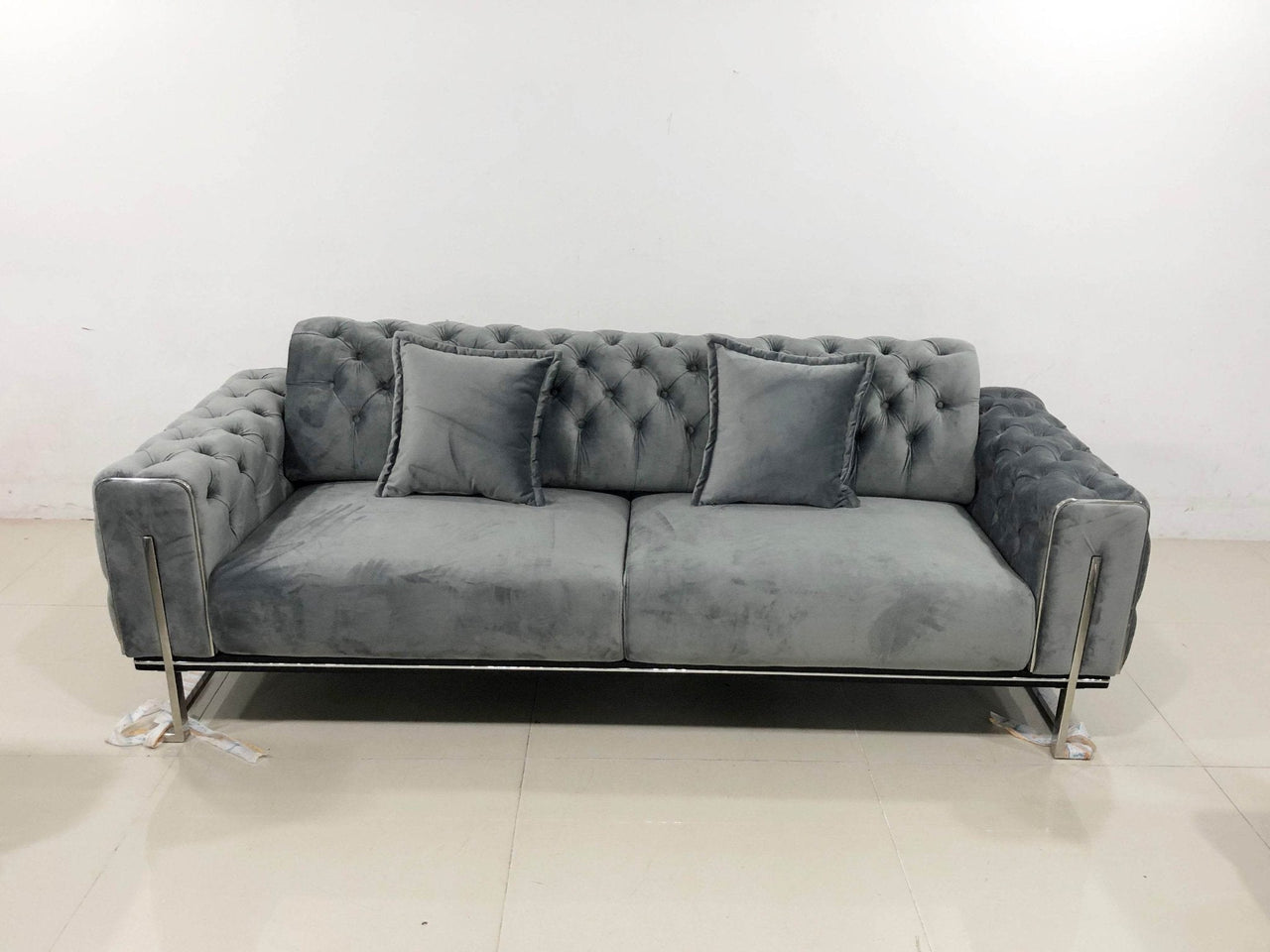 Luxury Grey Velvet Antalya Sofa Set with Elegant Silver Detailing - Chesterfield Design - UK Luxury Furniture