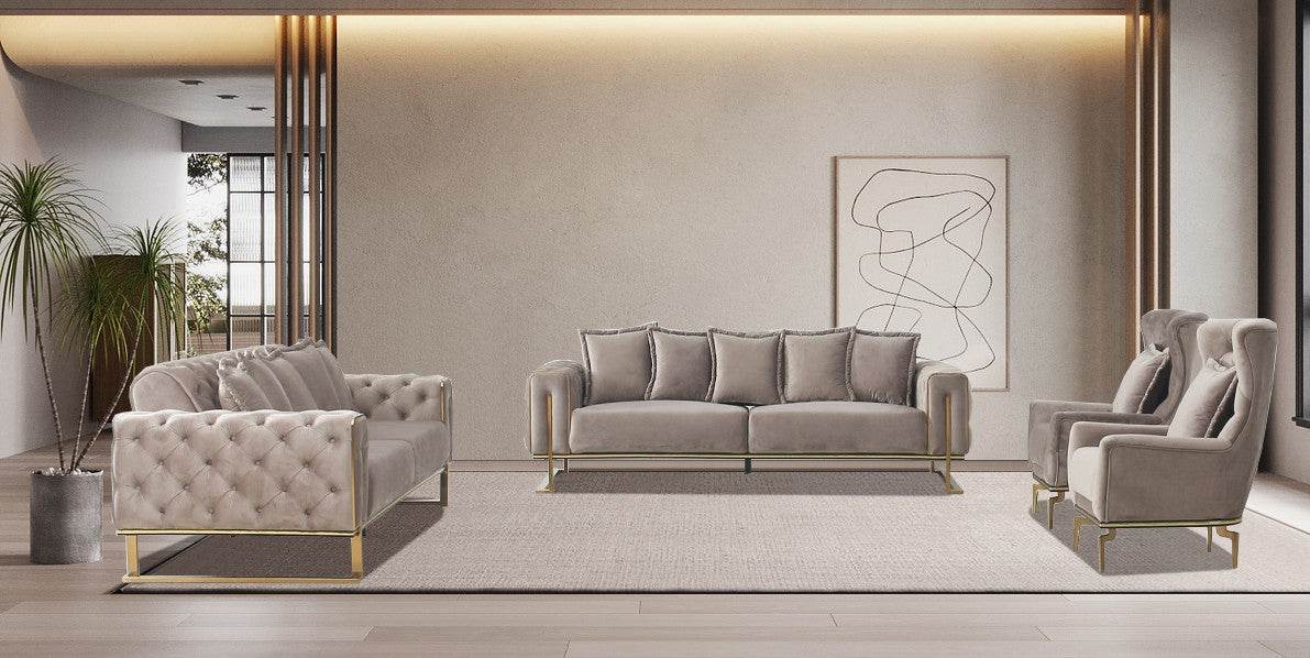Antalya Luxury Light Cream Velvet Sofa Set with Gold Detailing - Elegant Chesterfield Design - UK Luxury Furniture