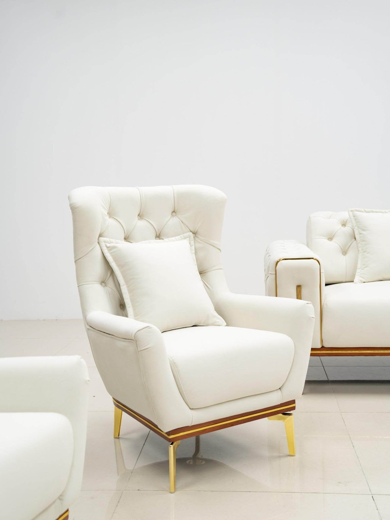 Antalya Luxury Light Cream Velvet Sofa Set with Gold Detailing - Elegant Chesterfield Design - UK Luxury Furniture