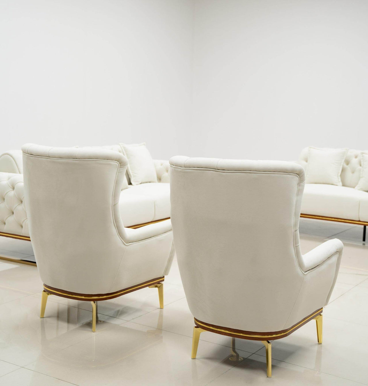 Antalya Luxury Light Cream Velvet Sofa Set with Gold Detailing - Elegant Chesterfield Design - UK Luxury Furniture
