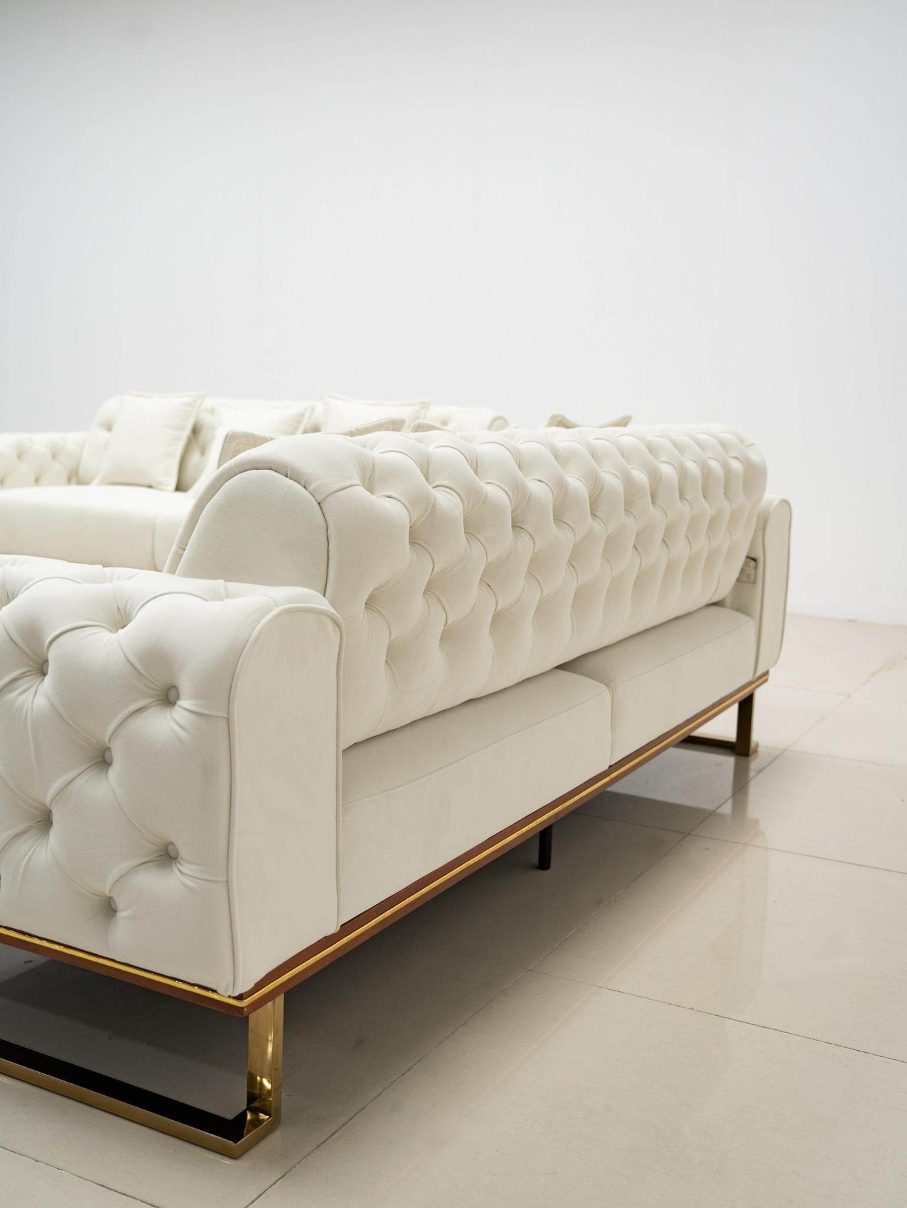 Antalya Luxury Light Cream Velvet Sofa Set with Gold Detailing - Elegant Chesterfield Design - UK Luxury Furniture