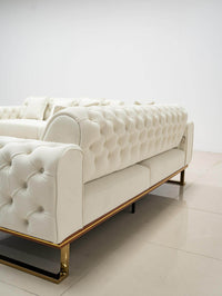 Antalya Luxury Light Cream Velvet Sofa Set with Gold Detailing - Elegant Chesterfield Design - UK Luxury Furniture