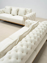 Antalya Luxury Light Cream Velvet Sofa Set with Gold Detailing - Elegant Chesterfield Design - UK Luxury Furniture
