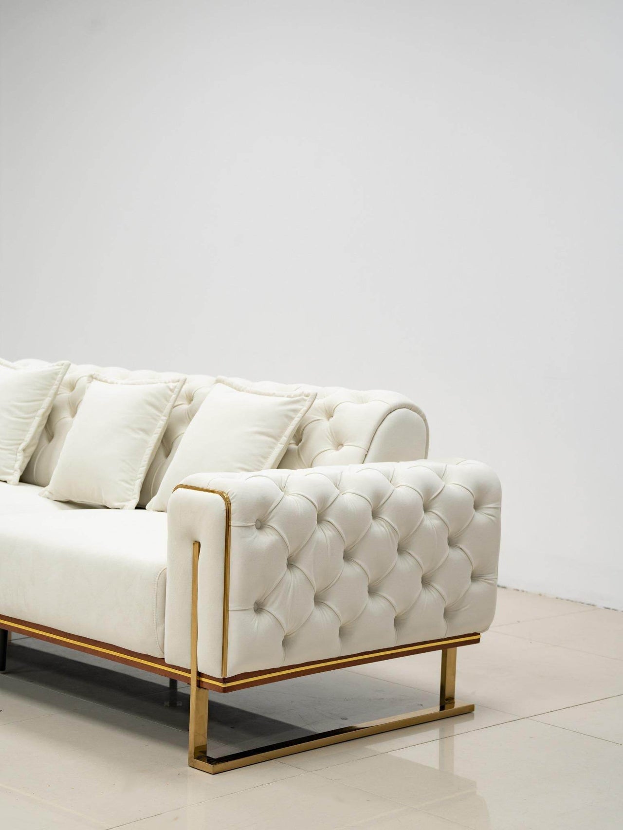 Antalya Luxury Light Cream Velvet Sofa Set with Gold Detailing - Elegant Chesterfield Design - UK Luxury Furniture
