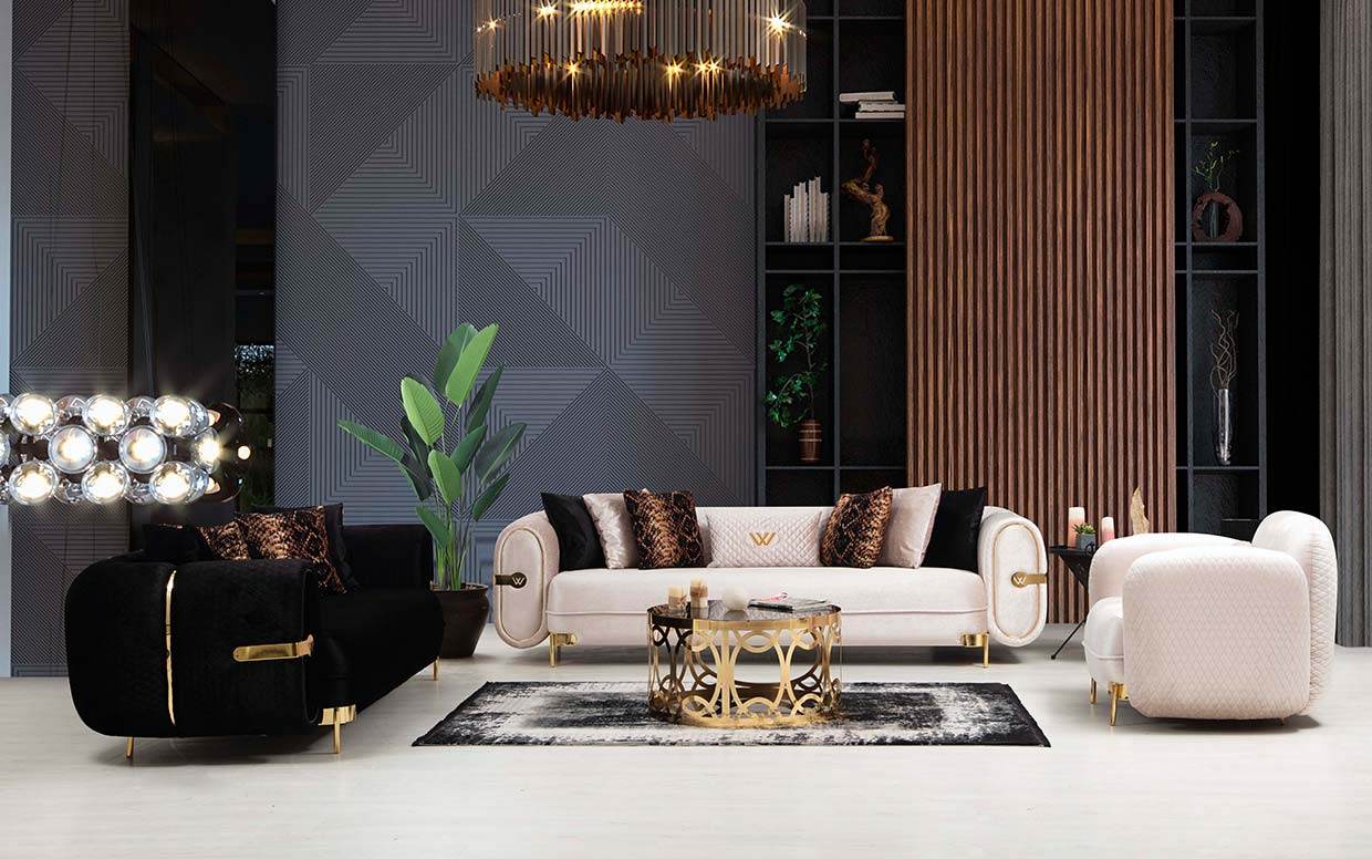 Luxury California Modern Sofa Sets - Cream & Black Velvet Upholstery with Gold Accents - UK Luxury Furniture