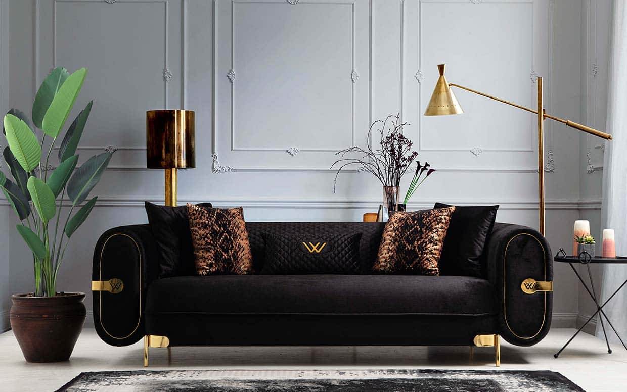 Luxury California Modern Sofa Sets - Cream & Black Velvet Upholstery with Gold Accents - UK Luxury Furniture